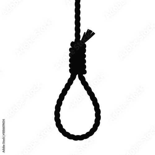 A black silhouette of a noose hanging from a rope on white