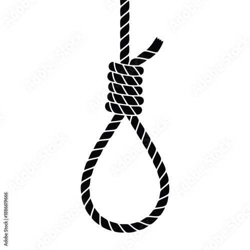 A simple black rope noose illustration against a stark white background