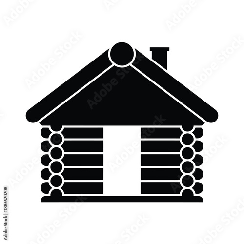 Simple black and white illustration of a classic wooden log cabin