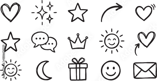 Collection of simple black line icons featuring hearts stars and smiley faces on white background