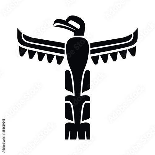 Stylized black and white illustration of a bird with tribal design