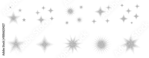 Gradient star burst with halftone dots and grainy texture creates dynamic graphic design with stippled noise effects and sparkling glitter element. Vector dotworks gritty shapes illustration.