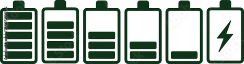 Five battery icons depicting varying charge levels from empty to full displayed in a row on transparent background high-quality professional