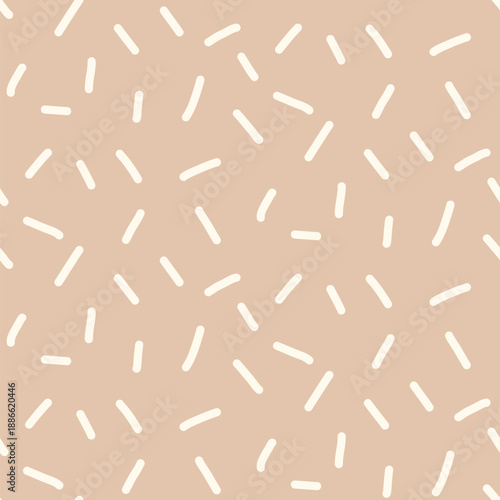 Brown small dash seamless pattern. Abstract chocolate beige baby sprinkles background. Simple confetti repeated wallpaper. Short lines vector surface design. Simple repeat spots illustration design.