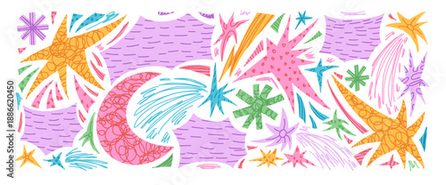 Space stars colorful cutout abstract geometric shapes background. Geometry and freeform stars, moon, bang collage pastel colors doodle figures. Scrapbook sparks, crescent, comet. Vector illustration.