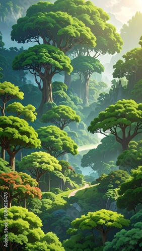 A serene forest landscape with lush green trees and a sunny sky