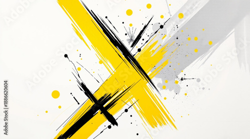 A dynamic abstract composition with bold yellow and black brushstrokes intersecting on a white background, featuring splatters and energetic artistic elements.