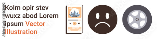 Communication, emotions, automotive, media, technology, design concepts. a music player, sad face emotion and a wheel icon. Communication and emotions for creative uses
