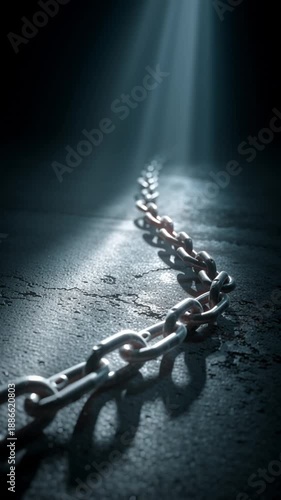 Silver Metal Chain Lying on Concrete Floor Under Dramatic Spotlight. Freedom Concept, Breaking Limits, Strength Metaphor.