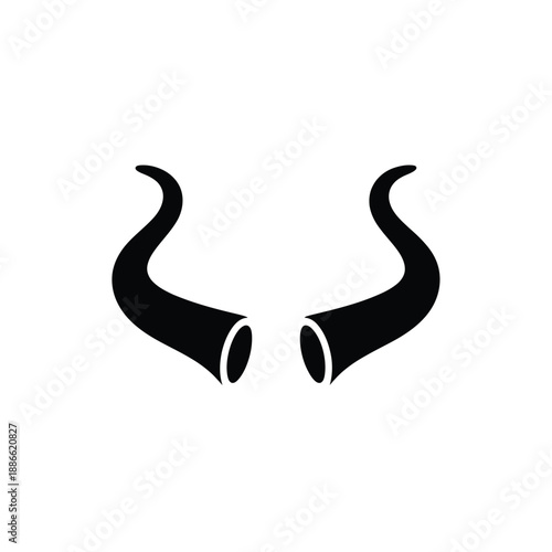 Minimalist design of two curved black horns against a white background