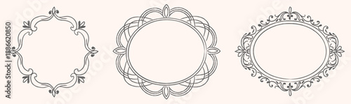 Elegant hand drawn ornamental frames set with floral curves and vintage lace detail. Decorative round and oval borders. Classic paper cut design for invitations, label, stationery. Vector illustration
