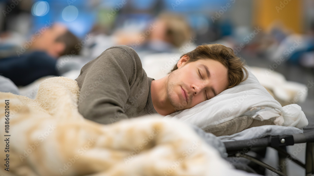 Fototapeta premium In an emergency shelter designed for rapid response, rows of cots with bedding ensure every person has a safe place to rest, reflecting the need for quick setup and adequate accommodations during