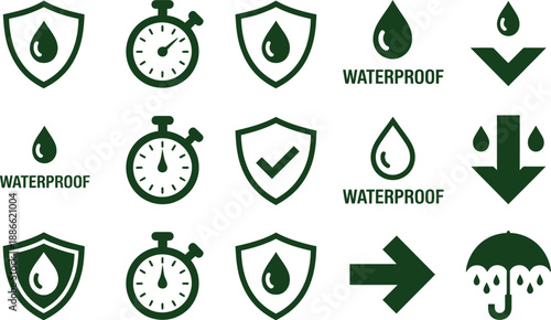 Collection of waterproof icons featuring clocks shields raindrops and an umbrella on transparent background high-quality professional detailed modern elegant stylish