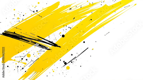 Dynamic abstract art with vibrant yellow brush strokes and black ink splatters on a clean white background, creating a modern graphic design.