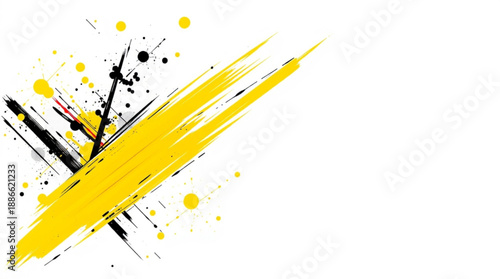 Dynamic abstract background with bold yellow diagonal brush stroke and black paint splatters on a white canvas, creating an energetic artistic design.