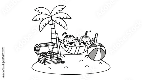 Tropical Escape in Paradise: A whimsical scene unfolds with cartoon coconuts relaxing in a hammock beneath a swaying palm tree on a serene tropical beach, and treasure chest. 