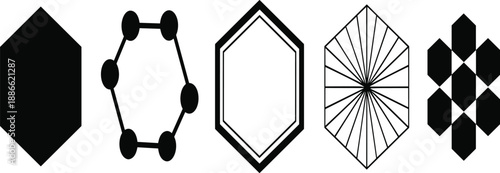 The image presents a series of six hexagonal shapes, each with a different design, arrayed horizontally against a plain white background.