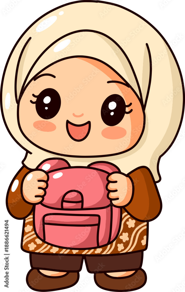 Obraz premium Cute Hijab Girl Holding Bag Illustration