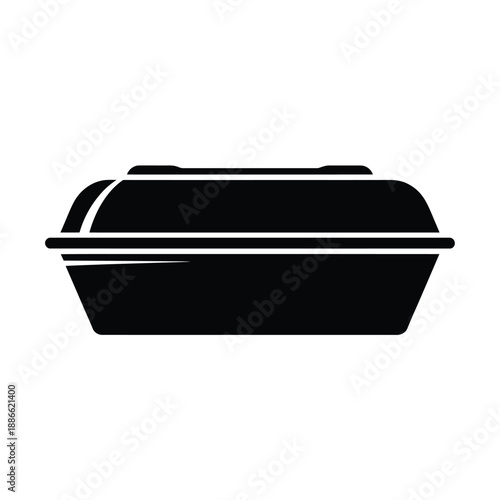 Simple black silhouette of a closed takeout container isolated on white