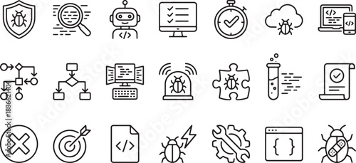 Collection of black and white cybersecurity icons on white background including shield robot and bug symbols representing digital protection and technology concepts