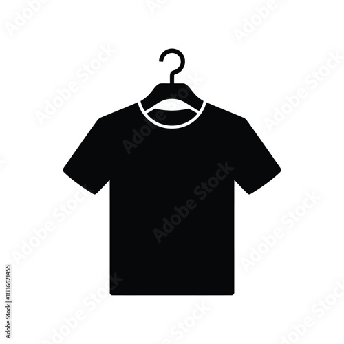 Simple black outline of a t shirt hanging on a clothes hanger