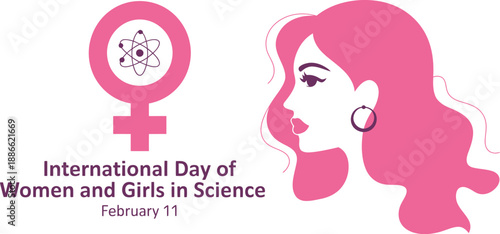 A pink female symbol paired with a woman s side profile celebrating international day of women and girls in science
