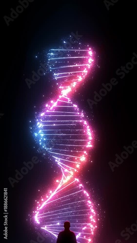 Silhouette of Man Walking Towards Giant Glowing DNA Helix. Genetic Engineering, Human Evolution, Science Future.