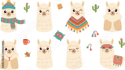 Cute Llama Character Illustration Set Featuring Cozy Winter and Boho Style Alpacas in Flat Vector Style