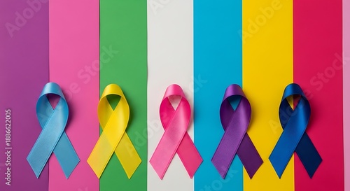 Collection of different colored awareness ribbons for various causes isolated