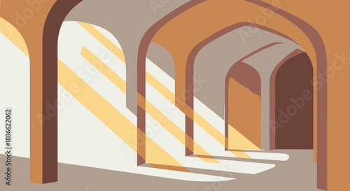 Stylized architectural arches with warm diagonal sunlight and deep shadows minimalist flat design.
