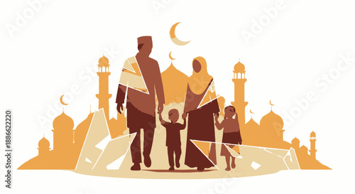 Muslim family walking together holding hands depicted in a modern geometric style with warm brown tones.