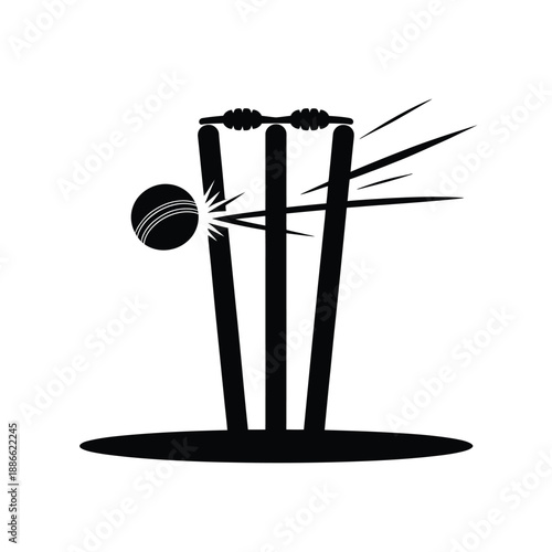 A black silhouette depicting a cricket ball hitting the wickets