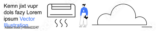 Energy efficiency, climate control, environmental care, smart technology, workplace analysis, data . Image shows an air conditioner, a person with a clipboard and a cloud outline. Climate control