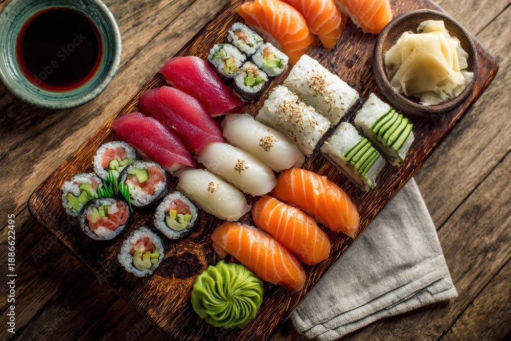 Fototapeta premium Vibrant Japanese sushi collection arranged on natural wood for elegant dining