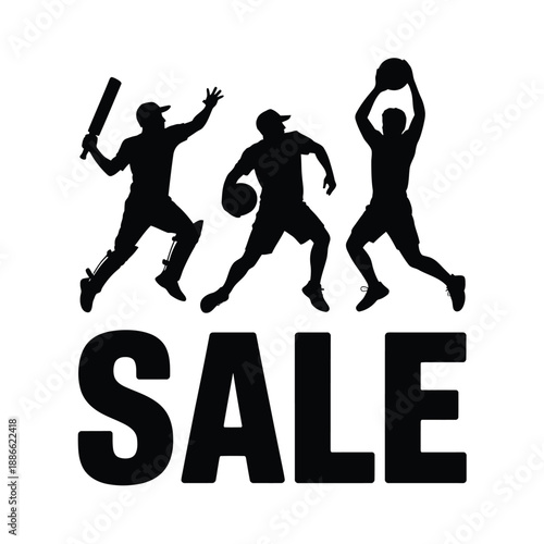 Silhouette athletes celebrating with a large sale promotion text below