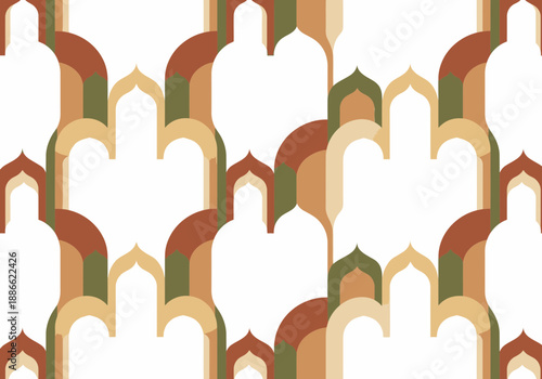 Seamless Moroccan Islamic Arch Pattern with Layered Earth Tones.
