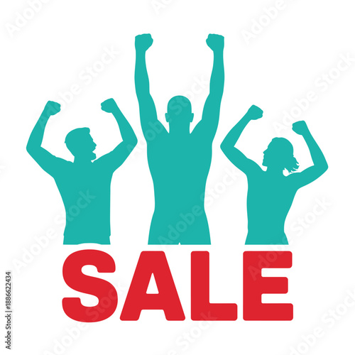 Celebrating success with a sale three figures raising hands in victory