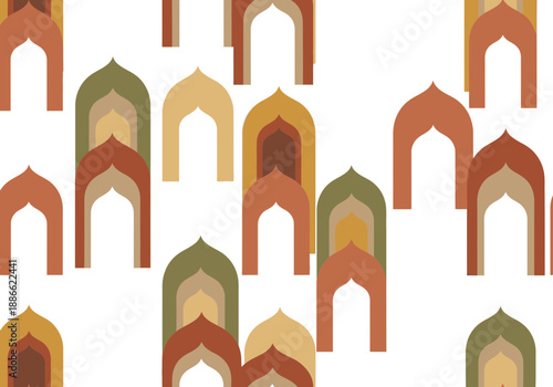 Seamless pattern of layered Islamic arches in earthy terracotta olive and beige tones creating a repetitive geometric design.