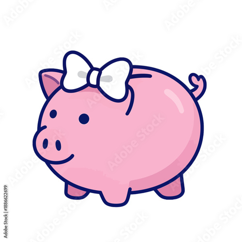 Cute pink piggy bank vector icon with a bow.