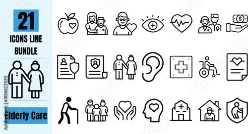 Elderly Care Line Icon Set Senior Healthcare, Support and Medical Assistance Symbols