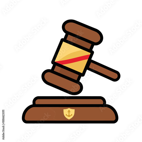 Flat vector icon of a gavel with a shield emblem.