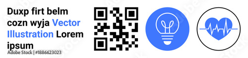 Health tracking, innovation, education, tech, communication, creativity. QR code next to lightbulb and heartbeat icons in blue and white. Health innovation and technology concepts