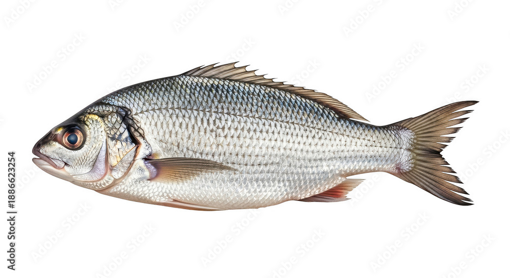 Obraz premium A silver fish with gray and brown fins isolated on transparent background