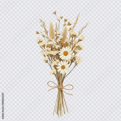 A rustic, delicate bouquet of dried flowers featuring white daisies, small cream filler flowers, and natural wheat tied together with a simple twine bow.