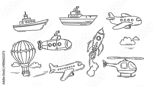 Vessels and Transportation: A collection of various transportation modes are illustrated in a simple black and white style. Perfect for depicting the diversity of modern travel.