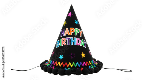 A colorful birthday party hat with bright decorations and text on transparent background
