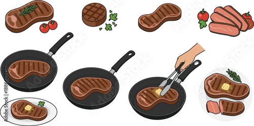 Hand-Drawn Steak Cooking Process Illustration Set Featuring Grilling and Serving Steps