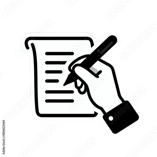 Hand holding a pen writing on a document icon.