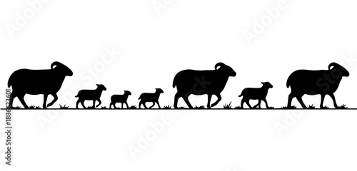 A flock of sheep and lambs walk in a line on a grassy field Vector