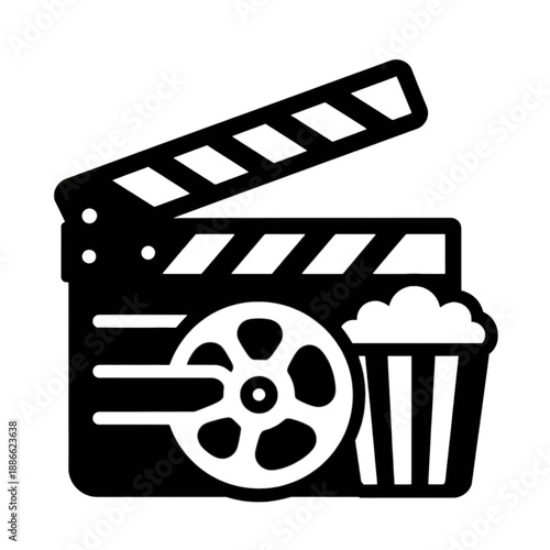 Line icon of a film clapperboard, reel, and popcorn.